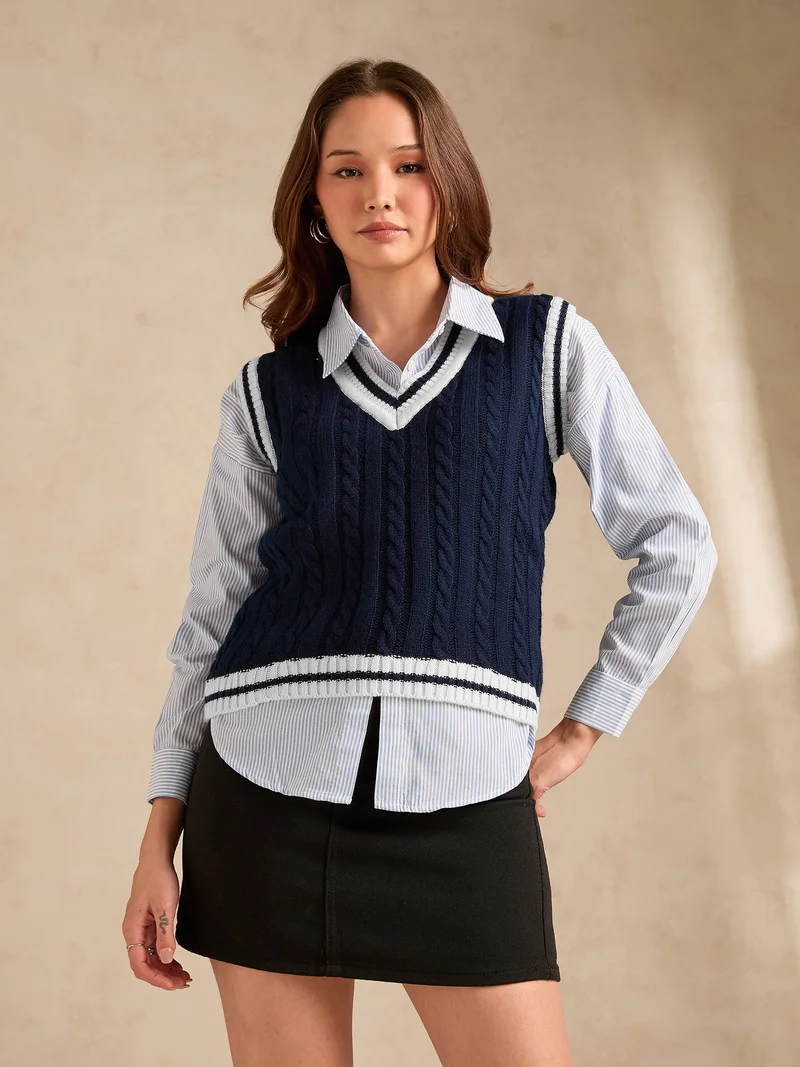 Outzidr Blue Navy Blue Varsity Contrast Tipping Sweater for Women | Best Price UAE
